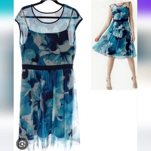 Dress Barn Floral Blue Mesh Overlay Lined Dress Size 14 Fall Pretty 3029-BL